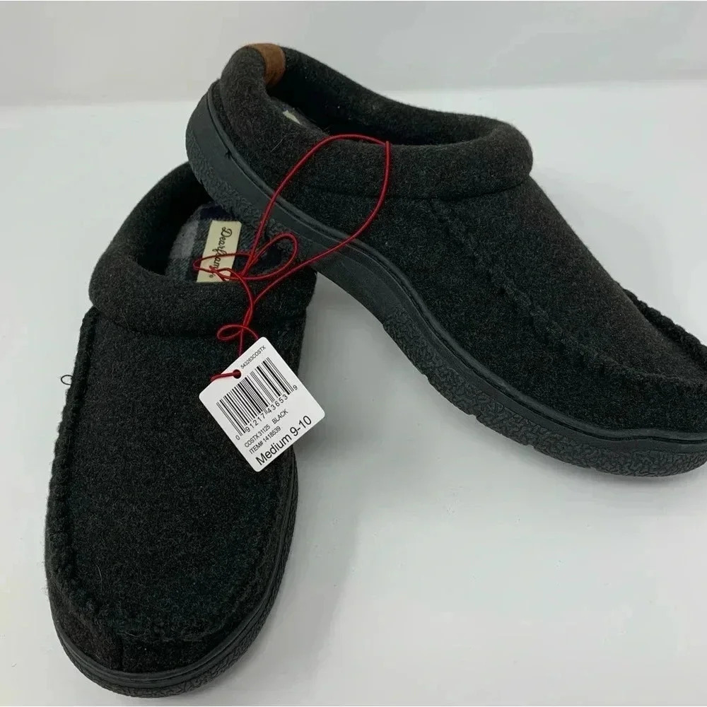NIB Dearfoams Mens Medium (Shoe Size 9 10) Wool Blend Clog Style Slippers Black